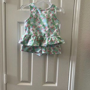 Janie and Jack outfit top and shorts tropical 7 flamingo blue pink pockets